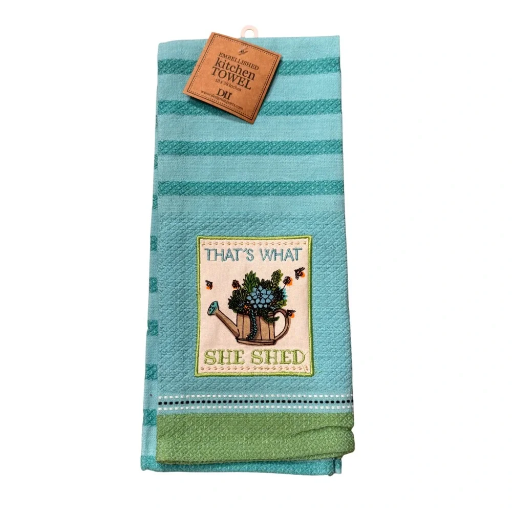 DII Aqua Blue That's What She Shed Succulent Embellished Kitchen Towel 18x28 NEW